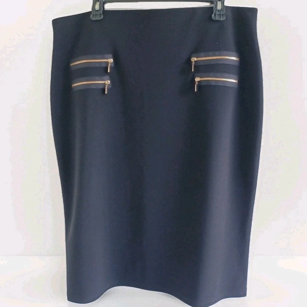 Joseph Ribkoff Black Pencil Skirt Gold Zipper Detail Knee Length Women's Size 18